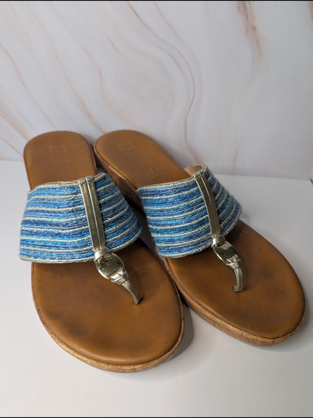 Italian Shoemakers Blue Striped Toe-Post Sandals with Metallic Trim